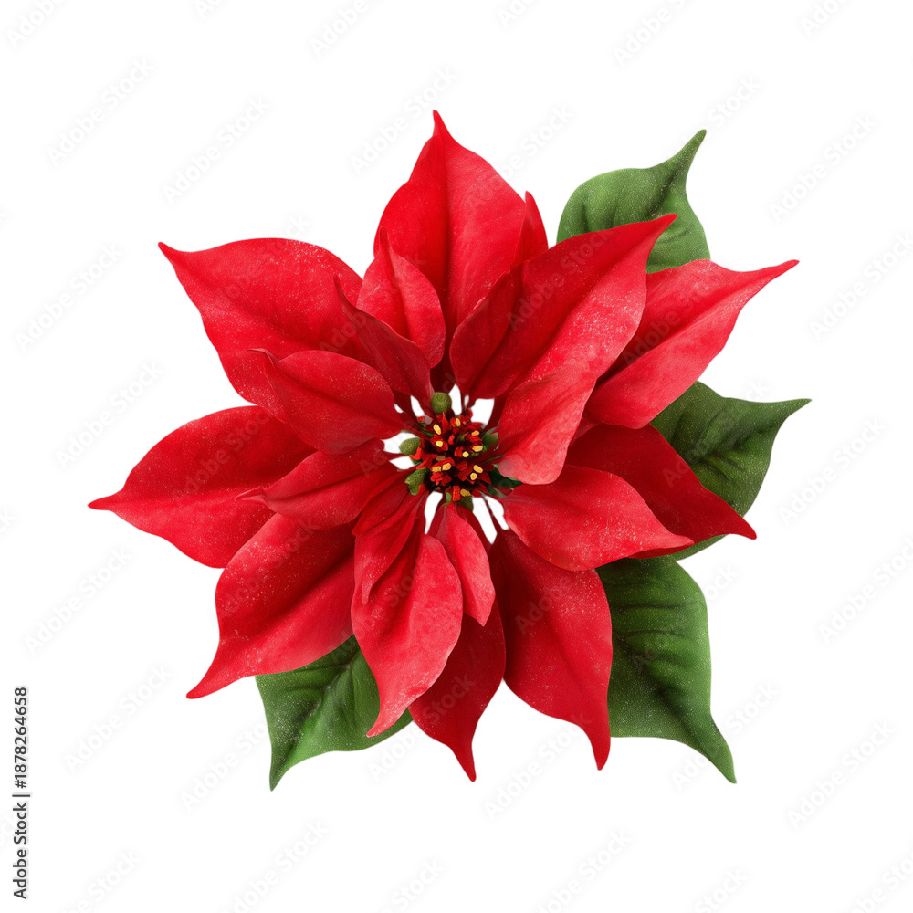 Fototapeta premium Red Poinsettia flower isolated on white background. Top view of vibrant Christmas floral plant for winter holiday decoration and greeting card design PNG