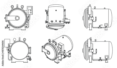 Industrial Autoclave Technical Drawing: Different Perspectives Depicted