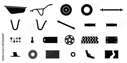 Wheelbarrow Parts Assortment in Black and White Illustration Style, Isolated