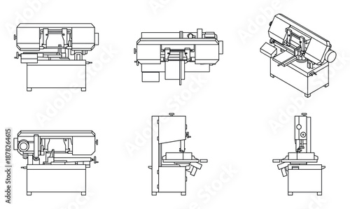 Band Saw Machine Technical Drawings: Illustrative Views with precise details
