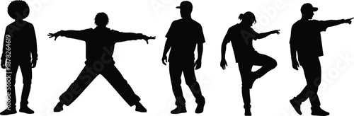 Black silhouette set of urban hip hop dancers performing various breakdance moves, street dance poses, and energetic jumping maneuvers for performers