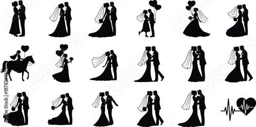 Black Silhouette Vector Set of Wedding Couples Brides and Grooms in Romantic Poses Including Heart Balloons Horse Riding and Heartbeat Pulse for Marriage Invitations