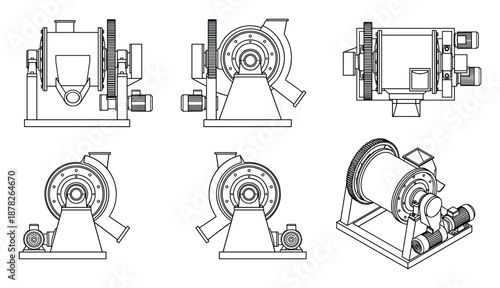 Isometric engineering technical drawings of milling equipment blueprints