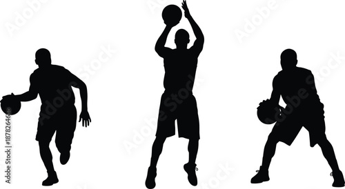 Black silhouettes of basketball players in action, dribbling and shooting a ball, male athletes sports movement, isolated on white background,