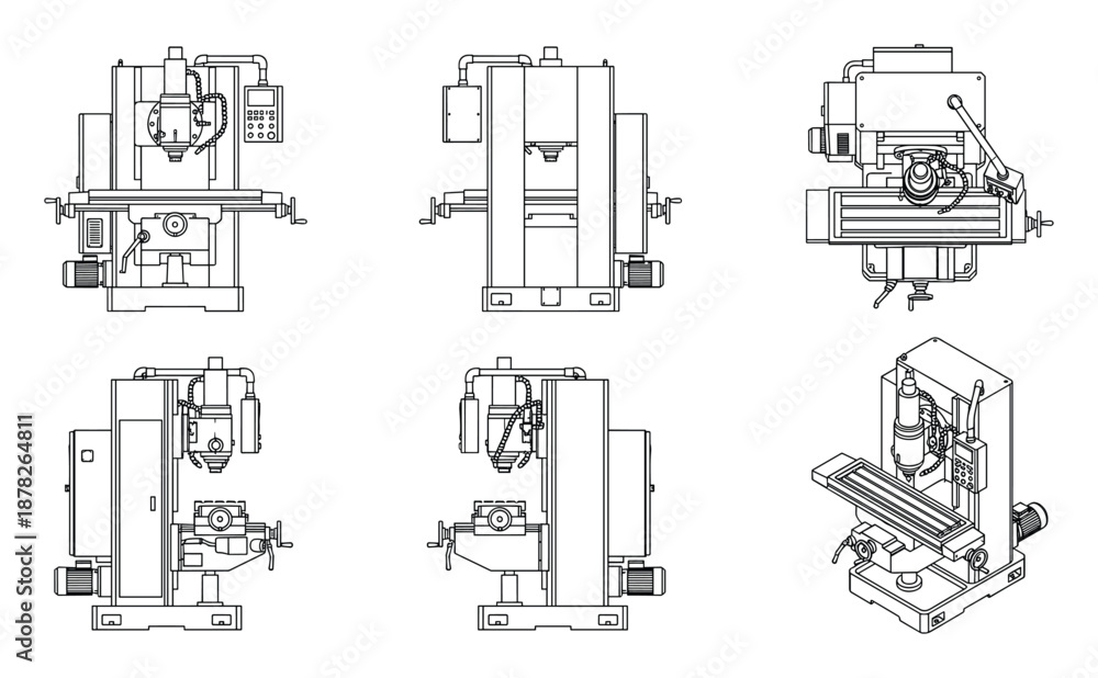 Naklejka premium Technical blueprint of vertical milling machines for manufacturing sector