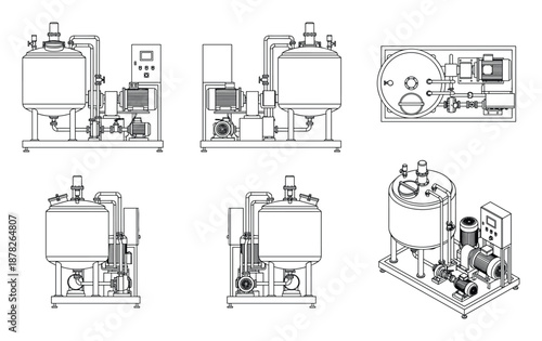Schematic technical drawing of chemical or food process equipment, system