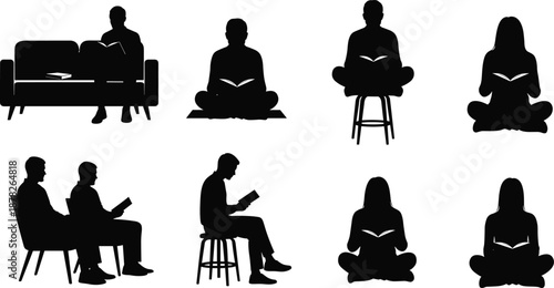 Black silhouettes of people reading books set featuring men and women sitting on sofa chairs and floor isolated on white background for library design