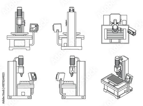 CNC Milling Machine Technical Line Art Engineering Drawing Illustration