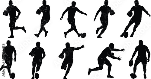 Black silhouettes of professional rugby players in action, running, kicking ball and passing during match, isolated on white background, sport set