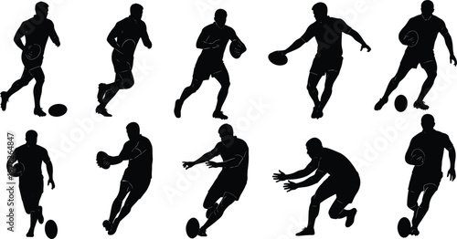 Black silhouettes of professional rugby players in action, running, kicking ball, passing, tackling during match, isolated on white background, sports set