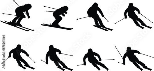 Black silhouettes of professional skiers in action, downhill skiing, winter sports set, alpine skiing poses, isolated on white background, vector