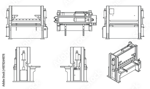 Detailed Technical Illustration of Hydraulic Press Brake Machine Views