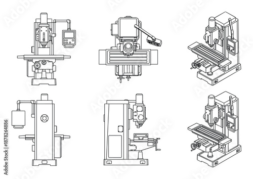 Detailed Line Art Depiction of Milling Machines for Technical Diagrams