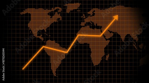 A global business growth concept illustration showing an upward-trending market graph with an arrow over a world map.Represents international trade,global economy, financial growth, market expansion,