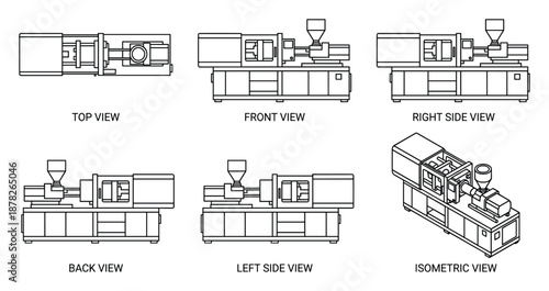 Detailed Views of an Injection Molding Machine Technical Blueprint.