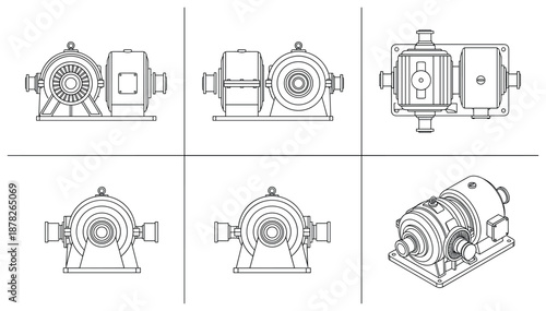 Detailed Technical Drawing of an Industrial Motor and Gearbox Assembly