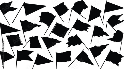 Black Vector Silhouette Set Featuring Various Torn Tattered and Worn Flag and Pennant Shapes for Distressed Graphic Design Grungy Decoration and Weathered Themes