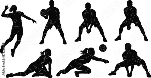 Black volleyball player silhouettes set featuring athletes serving jumping diving and passing in various professional sports action poses on white background.