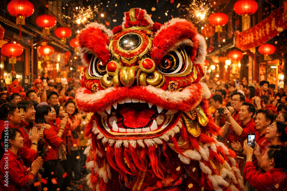 Fototapeta premium Vibrant Chinese Lion Dance performance at night during Lunar New Year celebrations in a crowded street illuminated by red lanterns and fireworks.