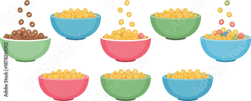 WebBreakfast Cereal Outline Icon Set Bowls, Milk, Cornflakes, and Granola