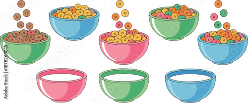 WebBreakfast Cereal Outline Icon Set Bowls, Milk, Cornflakes, and Granola
