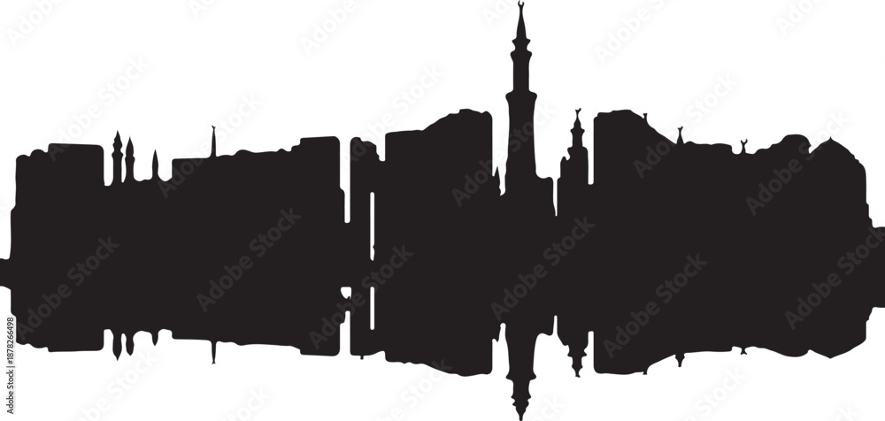Obraz premium A striking black and white silhouette of a city skyline, capturing the essence of urban architecture and its reflections