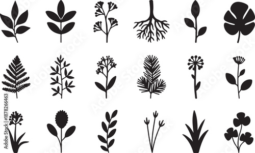 A collection of various black and white botanical silhouettes, featuring leaves, plants, and root systems for design purposes