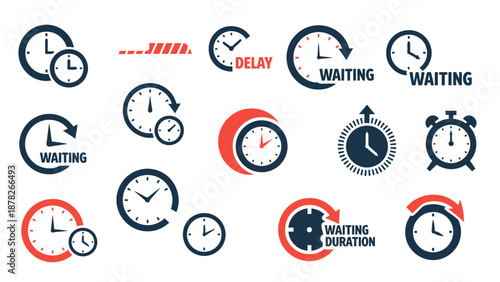 A collection of various clock and timer icons representing concepts of waiting, delay, and time management.