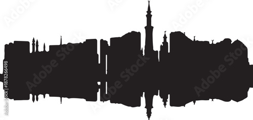 A striking black and white silhouette of a city skyline, capturing the essence of urban architecture and its reflections