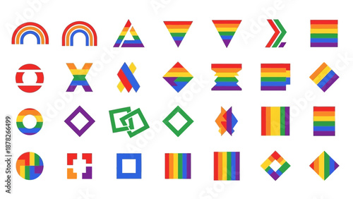 A collection of diverse geometric shapes and abstract designs, all featuring the vibrant rainbow colors of pride, against a clean white background.