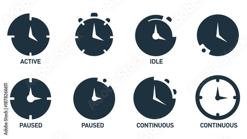 A collection of eight flat design clock and timer icons illustrating different states like active, idle, paused, and continuous time tracking.