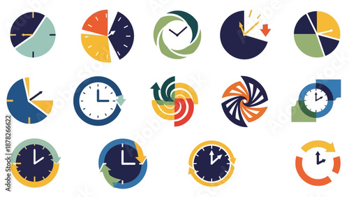 A collection of stylized clock and time-related icons in various abstract designs and colors, representing concepts of time, cycles, and progress.
