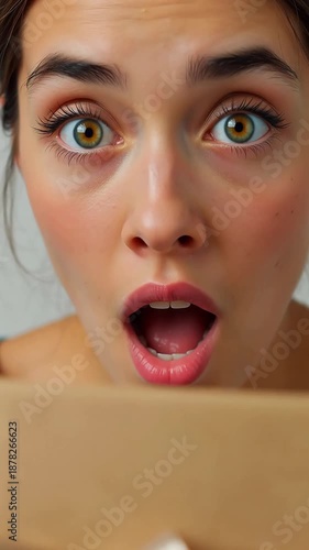 Young woman with wide eyes and open mouth expressing surprise and wonder