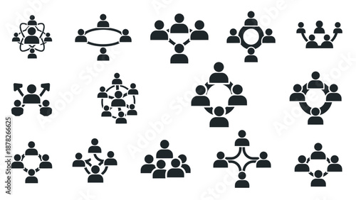 Collection of black and white icons depicting various network and organizational structures with groups of people, symbolizing teamwork, community, and social connections.