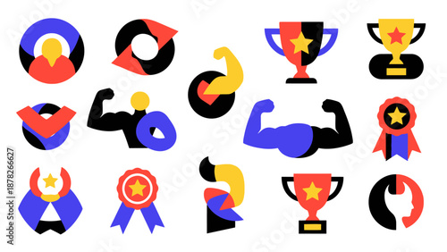 A collection of vibrant flat design icons representing strength, achievement, awards, and fitness, featuring flexing arms, trophies, and medals.
