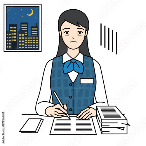 Exhausted female employee working night shift with dark circles