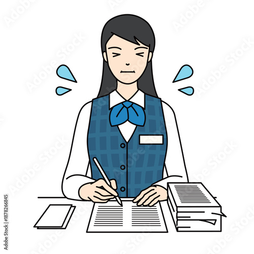 Overworked female office worker feeling stressed with pile of papers