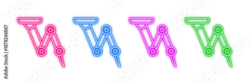 Neon glowing pantograph drawing instrument vector icons set, drawing, drafting, geometry, technical tool, design, vibrant glowing digital illustration.
