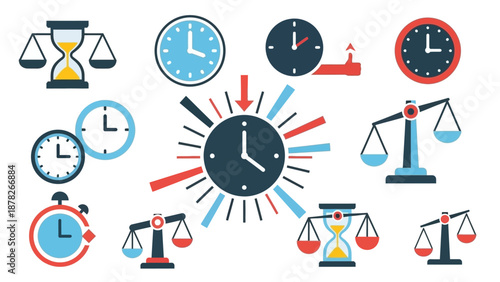 A collection of flat design vector icons representing time, clocks, hourglasses, and balance scales, illustrating concepts of time management and equilibrium.