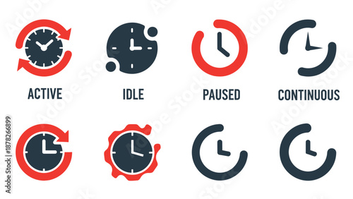 Collection of eight clock icons illustrating different time and activity states like active, idle, paused, and continuous, in red and black.
