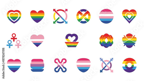 A collection of diverse LGBTQ+ pride symbols and flags, including rainbow hearts, transgender, and bisexual designs, representing various gender identities and sexual orientations.