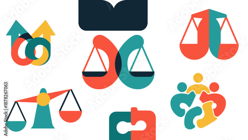 A collection of abstract graphic icons representing concepts of justice, equality, partnership, and community in vibrant colors.
