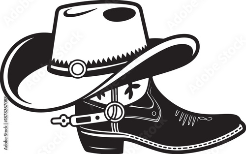 A crisp black and white line art illustration of a traditional cowboy hat positioned above a rugged western boot featuring a detailed spur, symbolizing iconic frontier heritage and rugged style