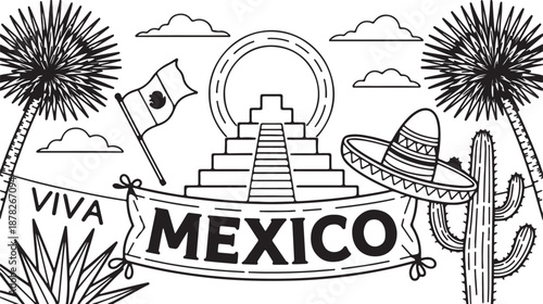 Black and white line art illustration celebrating Mexican culture with iconic symbols an ancient pyramid, festive sombrero, and a vibrant banner in a desert landscape