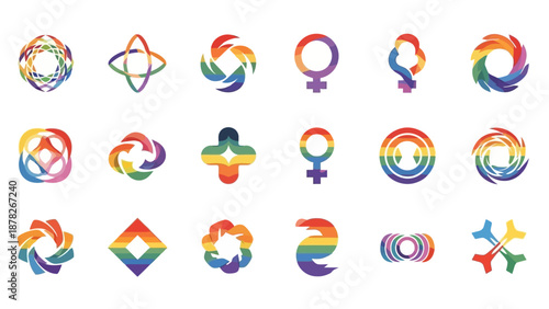 A collection of diverse abstract symbols and geometric shapes, all rendered in vibrant rainbow colors representing LGBTQ+ pride and diversity.