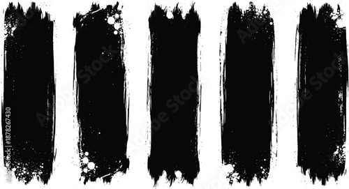 Black grunge brush strokes set, abstract ink paint texture vector collection, rough artistic backgrounds for modern design, posters, branding, creative artwork use