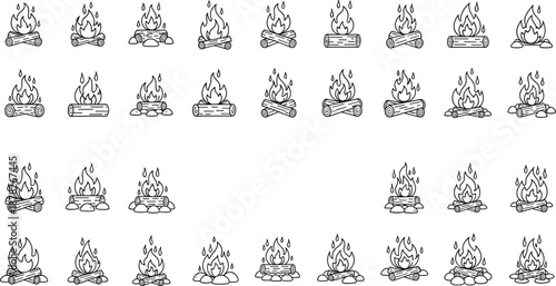 Campfire icons collection, hand drawn bonfire vector set, outdoor camping fire illustrations with logs and flames for adventure, bushcraft, survival design