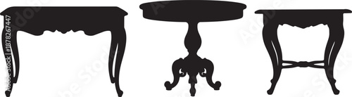 A collection of black and white silhouettes showcasing elegant antique tables with ornate legs and curved designs, perfect for interior design inspiration