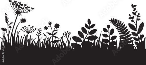 Minimalist black and white silhouette vector illustration of a diverse botanical meadow border with wild grasses and various spring or summer wildflowers, ideal for nature-themed design
