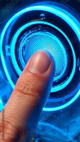 Close-up of a thumb pressing into a glowing blue spiral fingerprint scanner